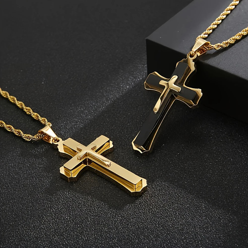 14K Gold Plated Men's Three-Layer Cross Necklace Hip Hop European Style Trendy Accessory Pendant Daily Jewelry Accessories USA