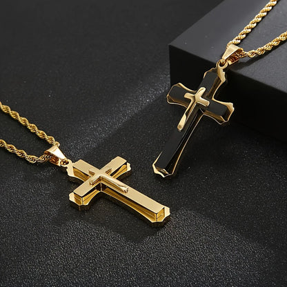 14K Gold Plated Men's Three-Layer Cross Necklace Hip Hop European Style Trendy Accessory Pendant Daily Jewelry Accessories USA