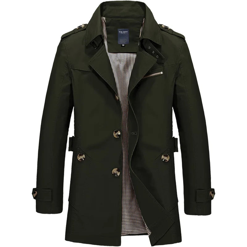 Men's Spring and Autumn New Fashion Casual Cotton Trench Coat, Solid Color Lapel Single-breasted Mid-long Splicing Trench Coat