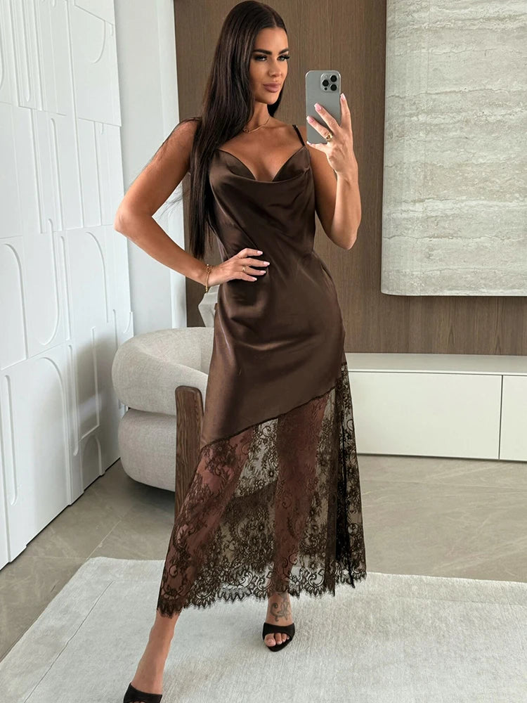Tuularose Fashion Lace Long Dress Women's New Sexy V-Neck Lace Satin Patchwork Halter Dress Elegant Luxury Vintage Party Dresses