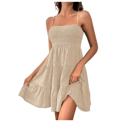 Bohemian Beach Sundress Women Sexy Sleeveless Backless Big Swing Mini Dress Solid Spaghetti Strap Ruffles Dress Summer Vestidos