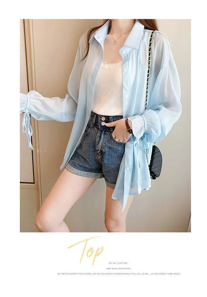 Chiffon Women Thin Shirts Summer Perspective Solid Korean Sun Shirt Long Sleeve Fashion Korean Ladies Top New Sunscreen Clothing