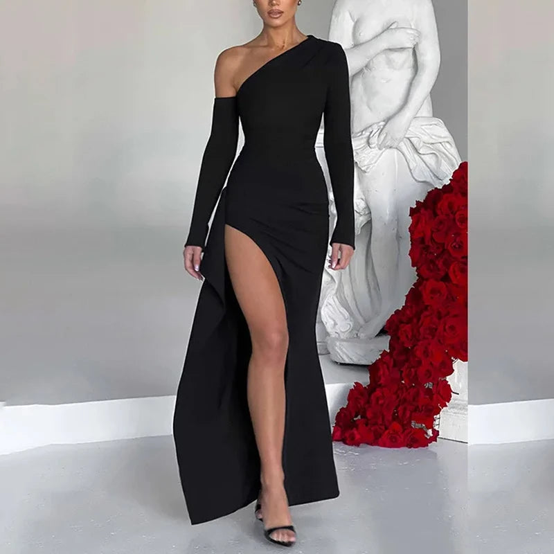 Sexy Diagonal Shoulder Black Dress Fashion Elegant Long Sleeve Split Women Dress Spring Party Evening Long Dress Vestidos