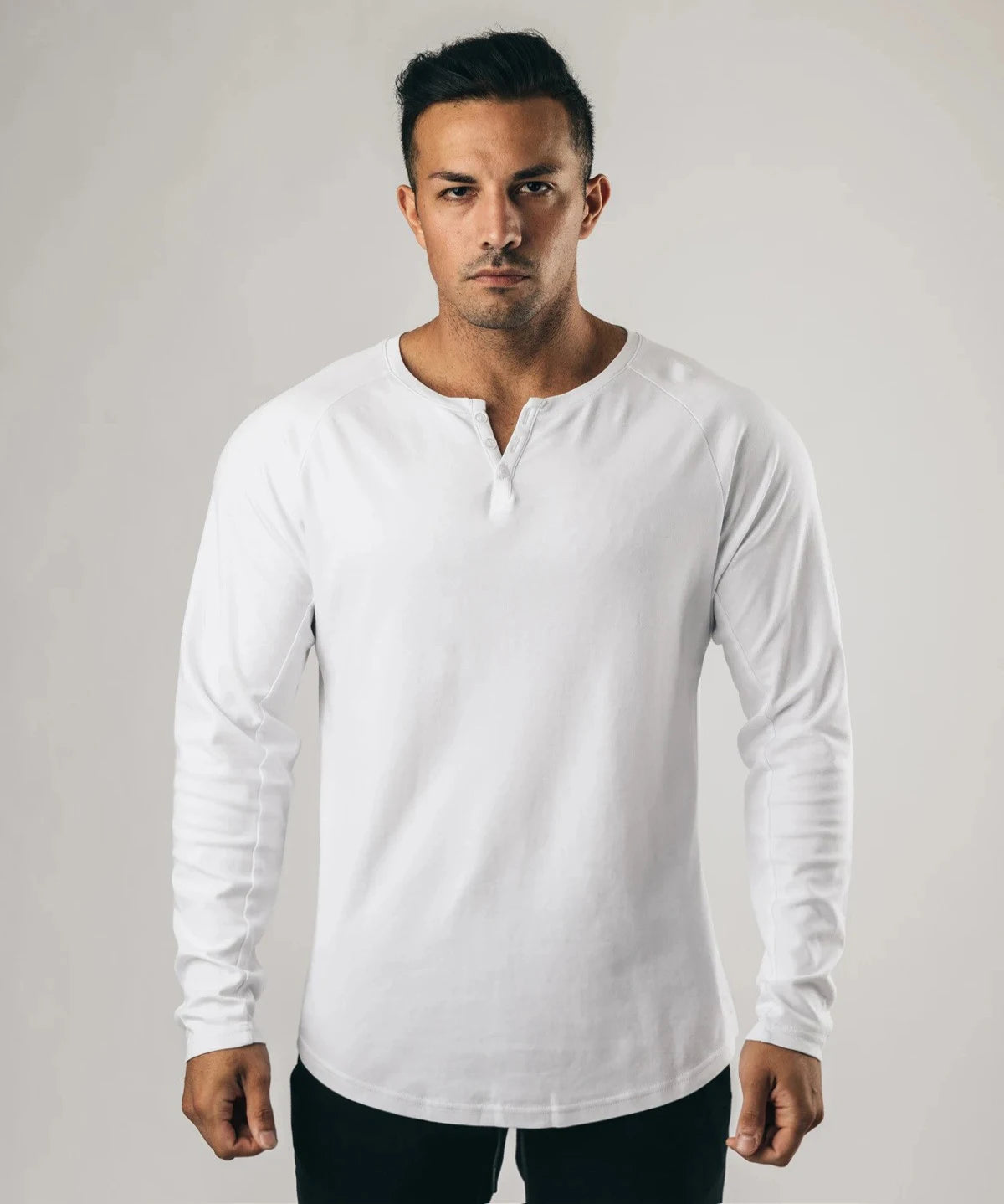 Men Muscle Shirt Long Sleeve T-shirt Solid Vintage Henley Shirts Sports Fitness Casual Cotton Stretch Thin V-neck Tee
