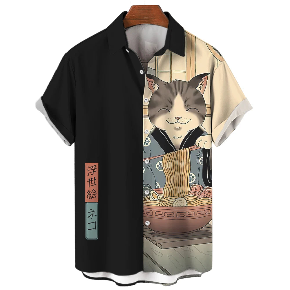Casual Hawaiian Shirt Man Japanese Bushido 3d Pattern Shirt Men's Shirts Cartoon Animal Cat 3d Printing Men's Shirt Men Clothing