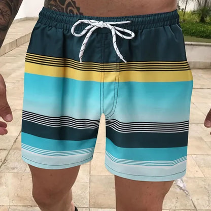 Men's board shorts Fashion striped print color contrast Swim shorts Classic drawstring swim shorts Summer surf swim suit