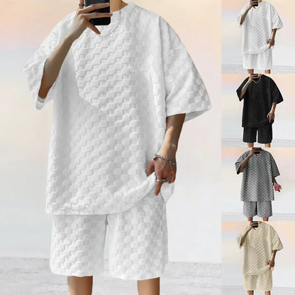 Men's Summer Checkered Loose Two-piece Sports Leisure Suit Short Sleeve T-shirt Shorts Casual Suit Plus Size Fashion Men's Suit