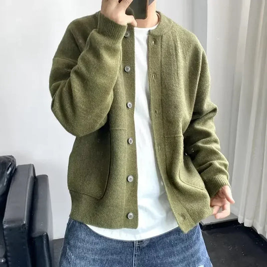 Knitted Cardigan Men Single Breasted Sweaters Long Sleeve O Neck Jumpers Solid Button Loose Fit Casual 2025 Winter Outerwear