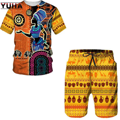 YUHA,3D Printed Men T-shirt Shorts Set 2pc Hip Hop Style Short Sleeve O-neck Summer African Folk-custom Pattern Men's Clothing S