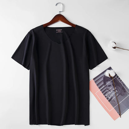 2024 Men's Thin Short Sleeve Without Summer Solid Color T shirt Trace Slim V-neck Bottoming Seamless short sleeve