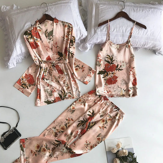 Women's Printed Pajamas Set Homewear Nightdress Trousers Belt Robe Three Piece Suits Sexy Sleepwear Loungewear Pj Sets Pyjama 