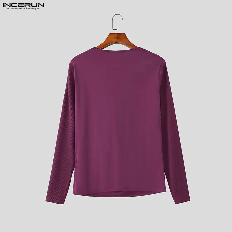 INCERUN Men T Shirt Satin Patchwork Long Sleeve Casual Male Tee Tops Streetwear 2026 Pleated Fashion Party Leisure Men Clothing