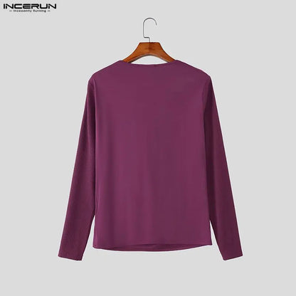 INCERUN Men T Shirt Satin Patchwork Long Sleeve Casual Male Tee Tops Streetwear 2026 Pleated Fashion Party Leisure Men Clothing