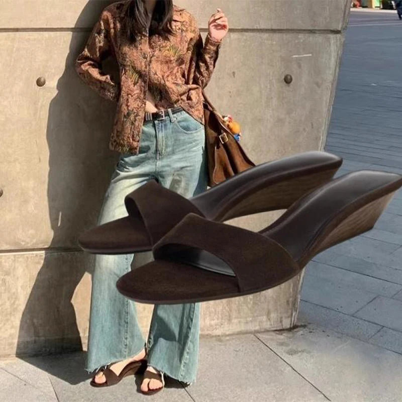 Suede Brand Wedge Heel Sandals For Women Designer Summer Fashion Outdoor Slippers Elegant Luxury Simple High-end Banquet Shoes
