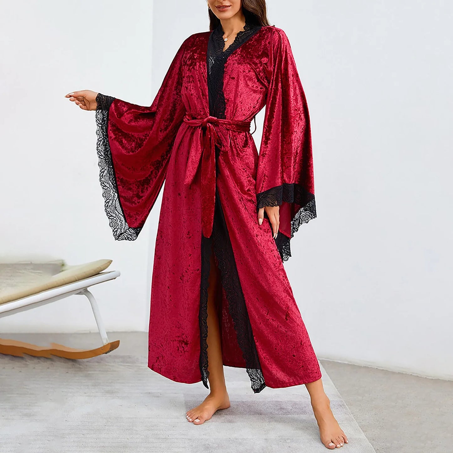Women's Lace Velvet Bathrobe Breathable Nightgown Kimono Home Clothes Flare Sleeve Night Long Robe Female Sleepwear Homewear
