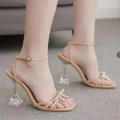 Ultra-high Heel Women's Sandals Fashion Square Toe Design High-heeled Sandal Luxury Rhinestone Bow High-heeled Sandals for Women
