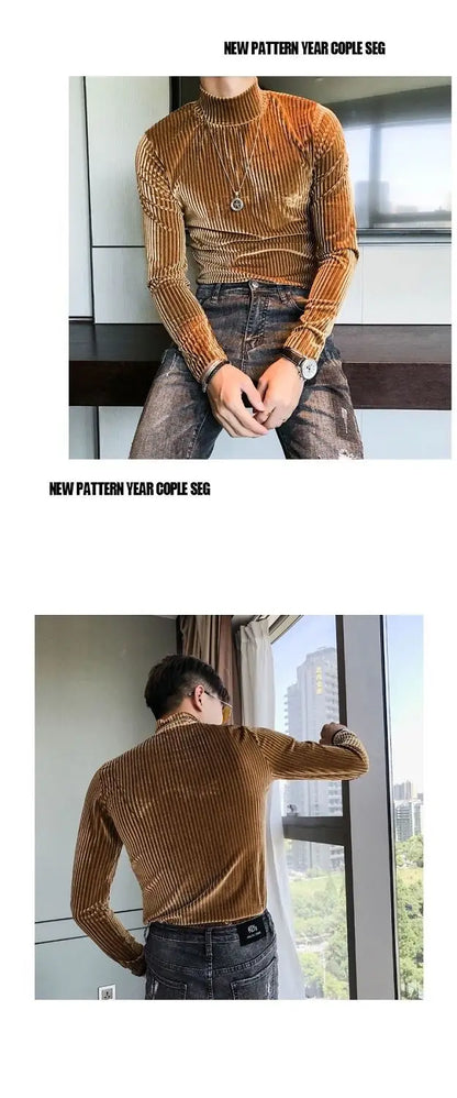 Fashion Men's Autumn Winter Luxury Clothing Heat Keep Warm Casual T-Shirt Mock Neck Tops Stripe Long Sleeve Gold Velvet T-Shirts