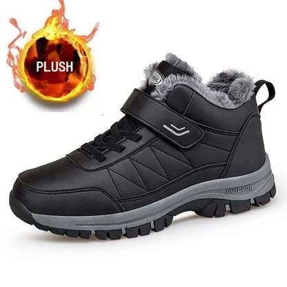 Winter Men Boots Leather Waterproof Outdoor Non-slip Hiking Shoes Unisex Men Women Warm Plush Ankle Boot Big Size 47 48