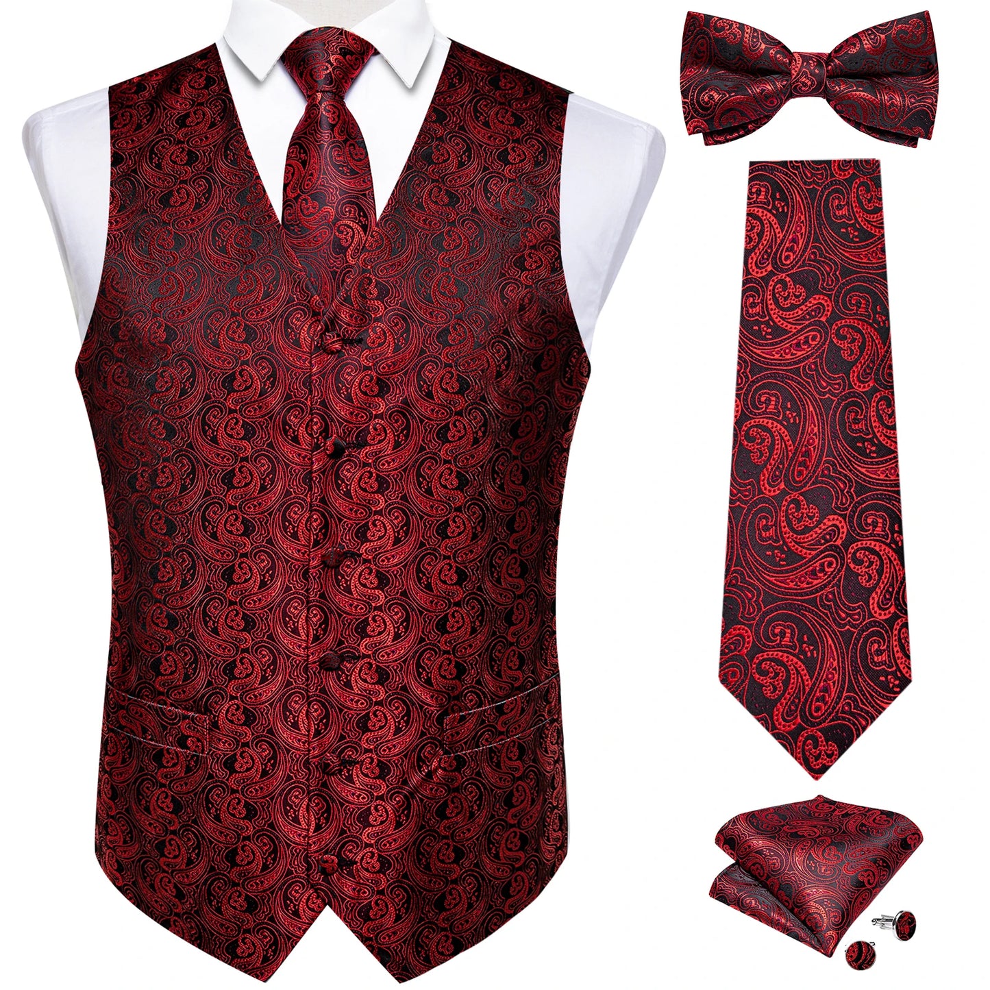 Men's Black Solid Paisley Suit Vest with Necktie Bow Tie Handkerchief Cufflinks Formal Waistcoat for Wedding Prom Tuxedo