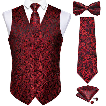 Men's Black Solid Paisley Suit Vest with Necktie Bow Tie Handkerchief Cufflinks Formal Waistcoat for Wedding Prom Tuxedo