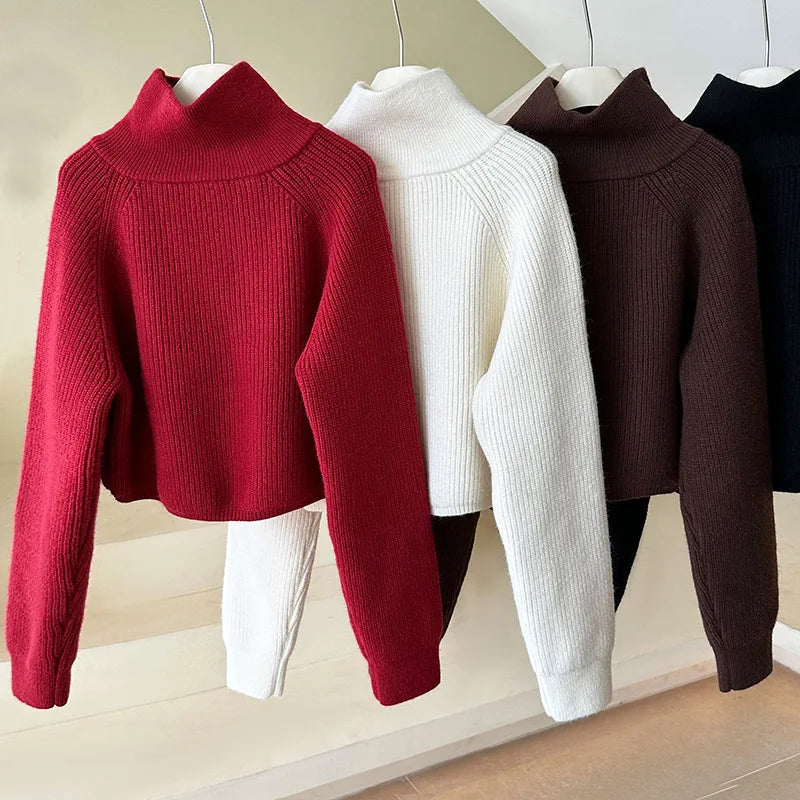 Quarter Zip Knit Sweater Cozy High Collar Long Sleeve Crop Jumper Pullover Women Teenage Girl Fall Winter