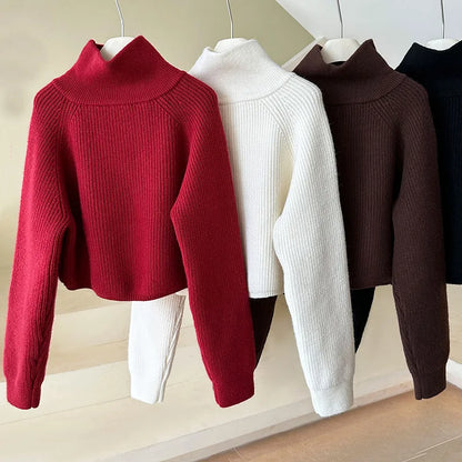 Quarter Zip Knit Sweater Cozy High Collar Long Sleeve Crop Jumper Pullover Women Teenage Girl Fall Winter