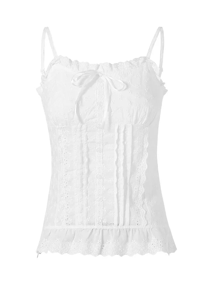 Women Lace White Corset Tank Tops Spaghetti Strap Sleeveless Camisole Tops Y2K Aesthetic Casual Summer Vest Shirts Female