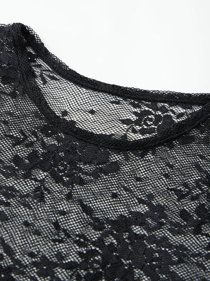 Women s Sexy Lace Crop Tops Short Sleeve Round Neck Sheer Mesh  Fit T-Shirts for Clubwear and Summer Parties