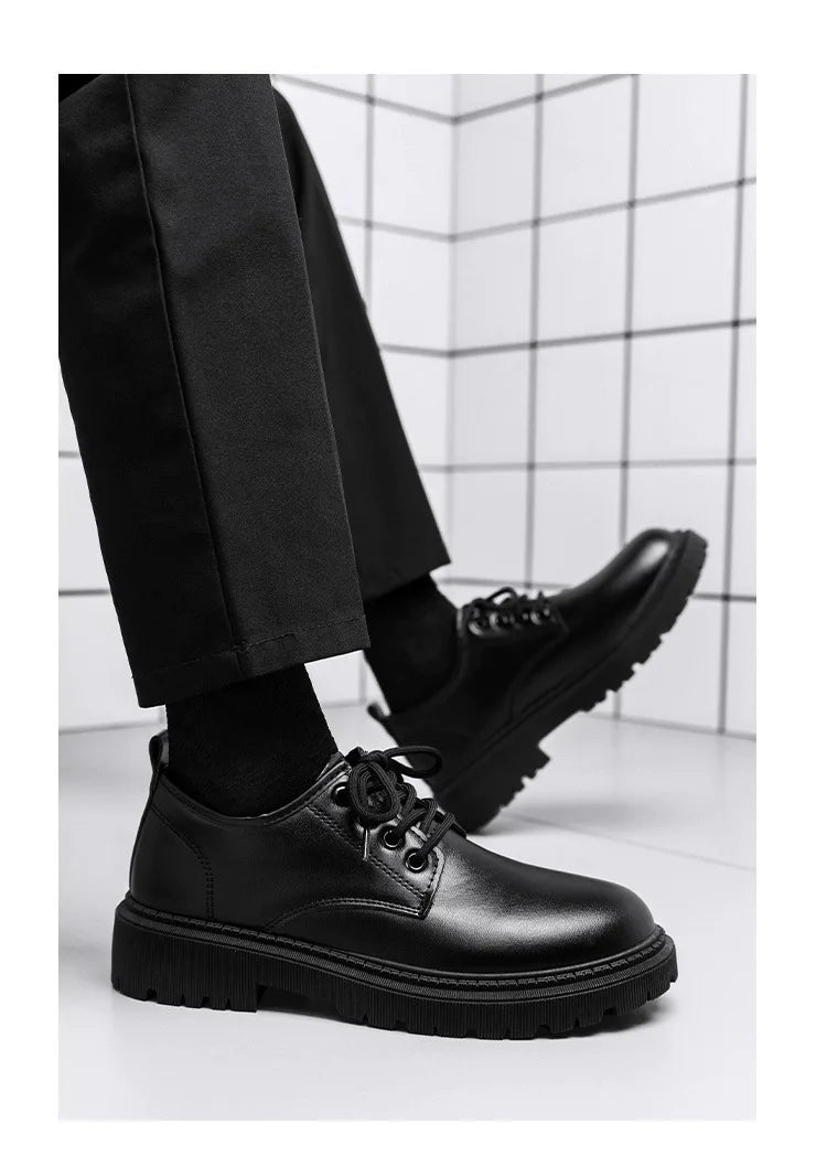 Men's Casual Leather Shoes Thick Bottom Leisure Trendy British Style Winter New Arrival Breathable round Toe Low Heel