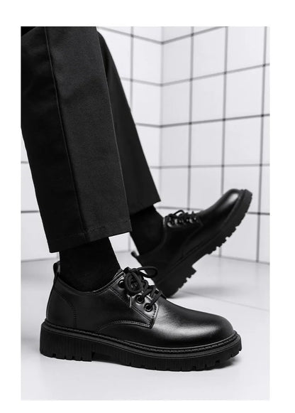 Men's Casual Leather Shoes Thick Bottom Leisure Trendy British Style Winter New Arrival Breathable round Toe Low Heel
