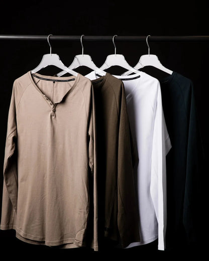 Men Muscle Shirt Long Sleeve T-shirt Solid Vintage Henley Shirts Sports Fitness Casual Cotton Stretch Thin V-neck Tee