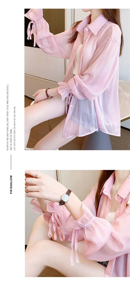 Chiffon Women Thin Shirts Summer Perspective Solid Korean Sun Shirt Long Sleeve Fashion Korean Ladies Top New Sunscreen Clothing