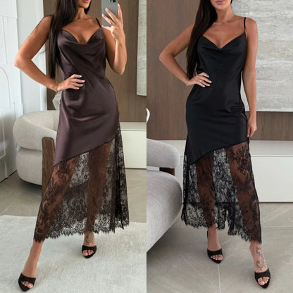Tuularose Fashion Lace Long Dress Women's New Sexy V-Neck Lace Satin Patchwork Halter Dress Elegant Luxury Vintage Party Dresses
