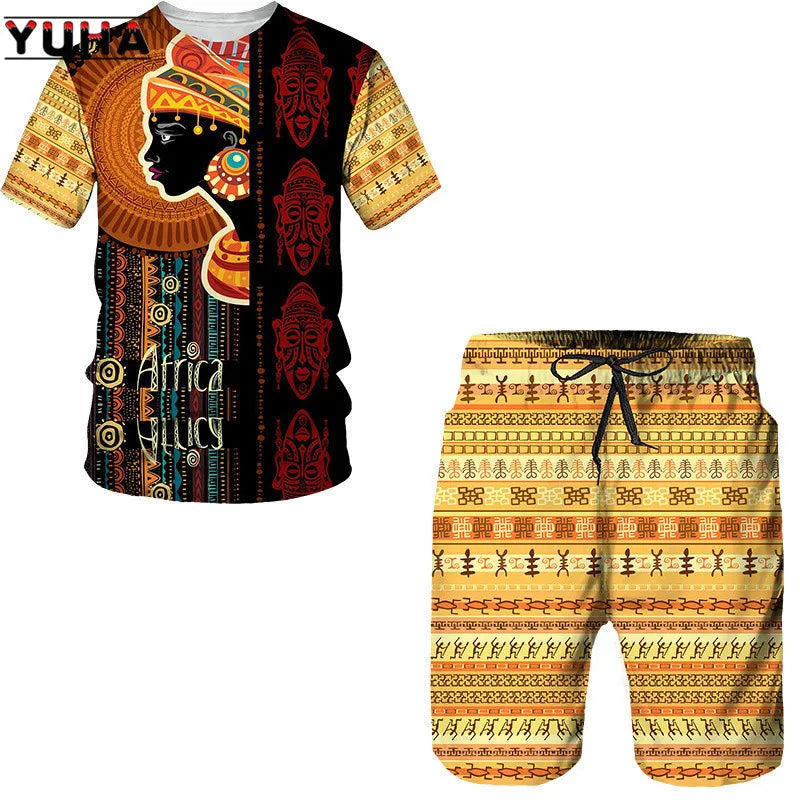 YUHA,3D Printed Men T-shirt Shorts Set 2pc Hip Hop Style Short Sleeve O-neck Summer African Folk-custom Pattern Men's Clothing S