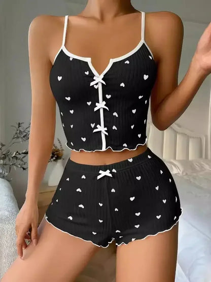 Sexy Heart Print Pajama Set for Women Sleepwear Silk Stain V-Neck Sleeveless Casual Cami Top and Shorts Sets Loungewear