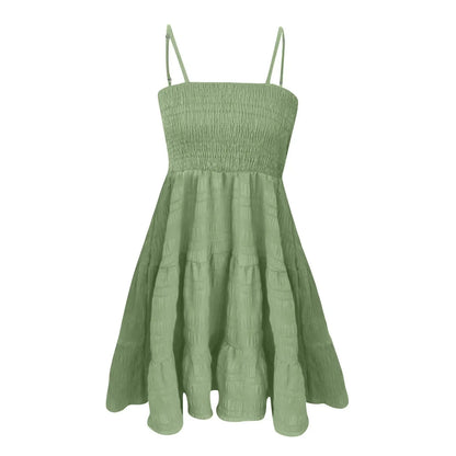 Bohemian Beach Sundress Women Sexy Sleeveless Backless Big Swing Mini Dress Solid Spaghetti Strap Ruffles Dress Summer Vestidos