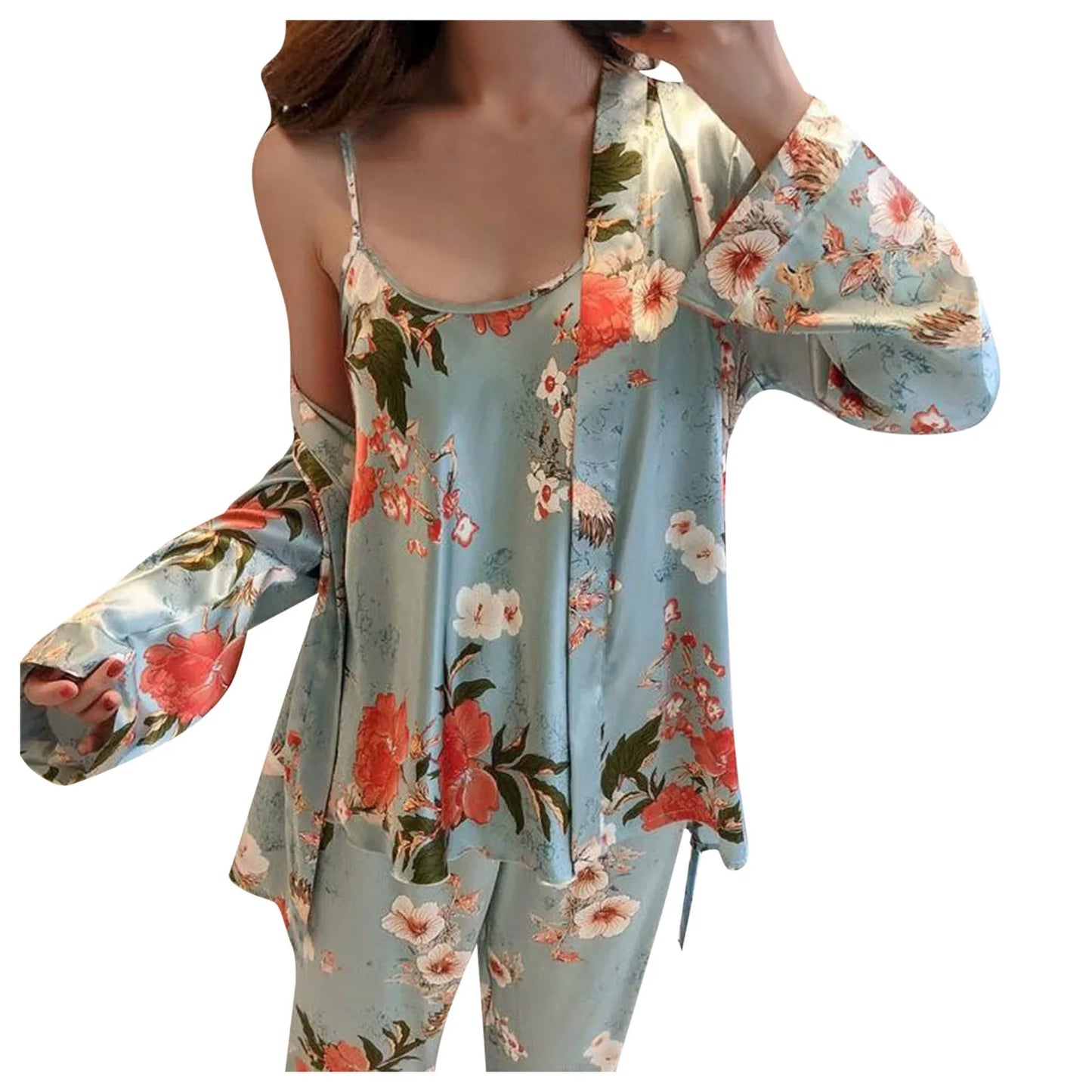 Women's Printed Pajamas Set Homewear Nightdress Trousers Belt Robe Three Piece Suits Sexy Sleepwear Loungewear Pj Sets Pyjama 