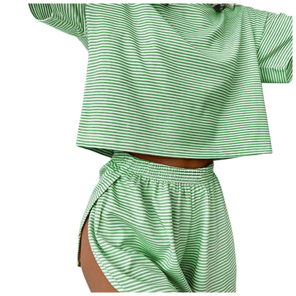 Women'S Stripe Pajamas Set Short Sleeve T-Shirt And Shorts Sleepwear 2 Piece Set For Women Home Casual Loose Round Neck Pajamas