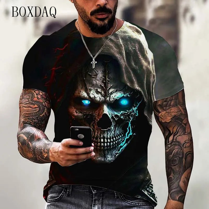 Fashion Trend Skull Pattern Men's T-Shirts 6XL Plus Size Short Sleeve Street Gothic Horror Skeleton Male Tops O-Neck Casual Tee