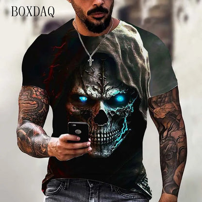 Fashion Trend Skull Pattern Men's T-Shirts 6XL Plus Size Short Sleeve Street Gothic Horror Skeleton Male Tops O-Neck Casual Tee