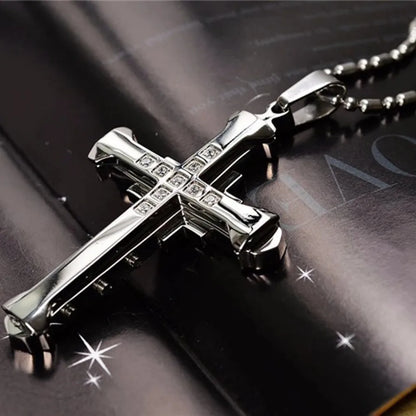 Men's Crystal Cross Pendant Necklace, Gold/Black/Blue Zirconia, Stainless Steel Jesus Cross Jewelry