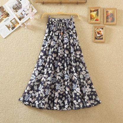 Elegant Chiffon Long Skirts For Women Autumn Casual Women's Floral Print Maxi Skirt Female High Waist Elastic A-Line Skirts