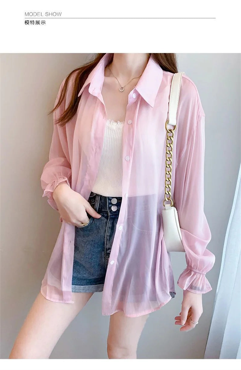 Chiffon Women Thin Shirts Summer Perspective Solid Korean Sun Shirt Long Sleeve Fashion Korean Ladies Top New Sunscreen Clothing
