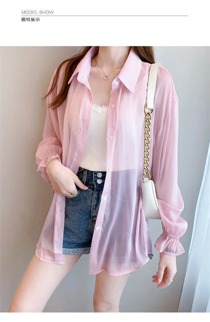 Chiffon Women Thin Shirts Summer Perspective Solid Korean Sun Shirt Long Sleeve Fashion Korean Ladies Top New Sunscreen Clothing