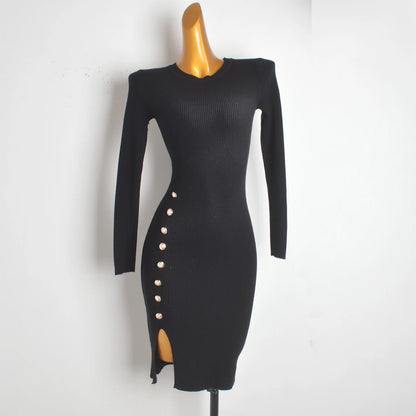 Spring Autumn Knitted Elastic Waist Dress Coat Design Button round Neck Bodycon Skirt Casual Style Long Sleeve Women's Dress