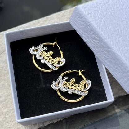 DUOYING Custom Name Hoop Earring Personalized 25mm Nameplate Double Color Earring With Heart Jewelry For Kids