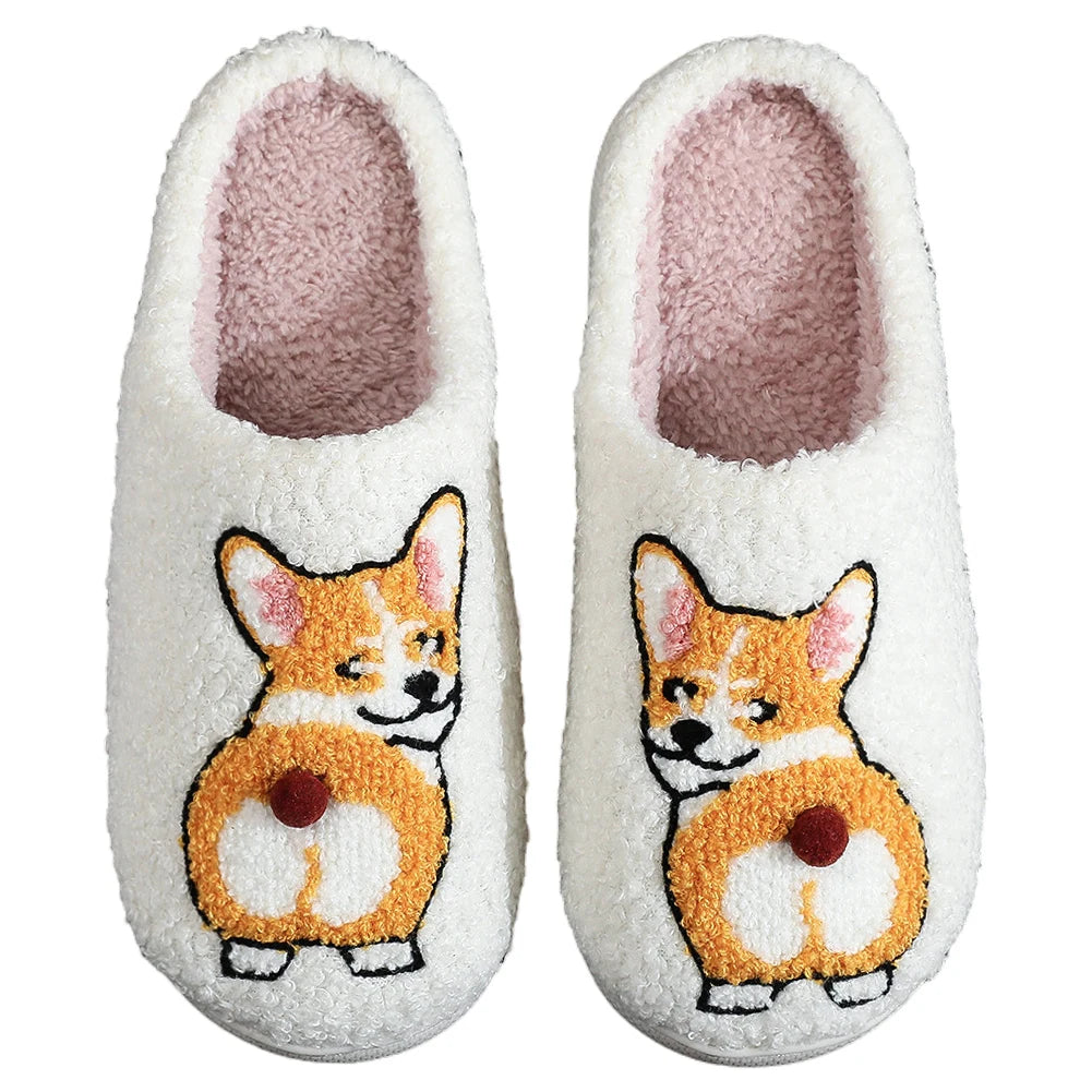 Plush Dog Slippers Fuzzy Indoor Slippers Anti Slip Closed Toe Slippers Comfortable Funny Corgi Dog Slippers for Indoor Bedroom
