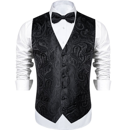 Men's Black Solid Paisley Suit Vest with Necktie Bow Tie Handkerchief Cufflinks Formal Waistcoat for Wedding Prom Tuxedo