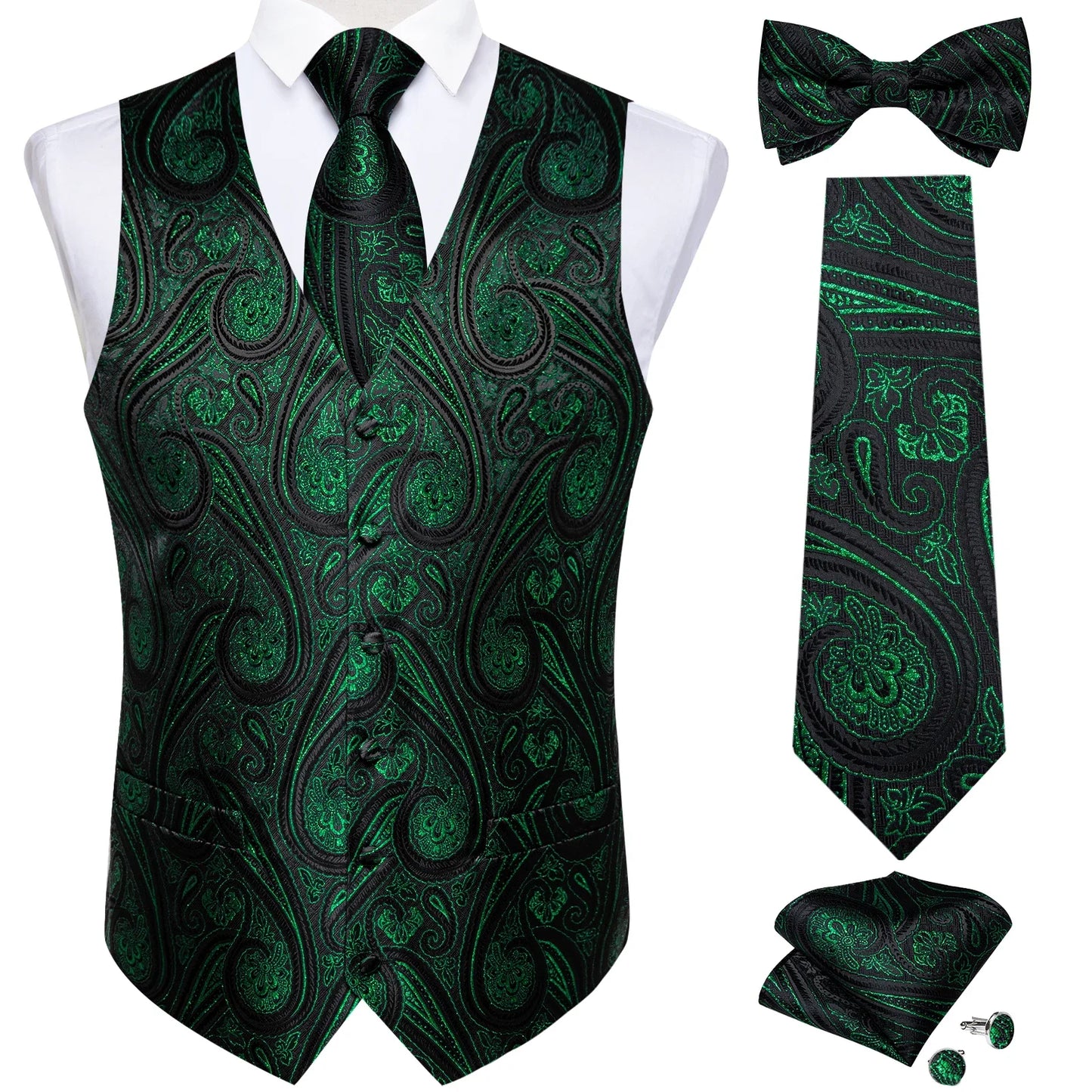 Men's Black Solid Paisley Suit Vest with Necktie Bow Tie Handkerchief Cufflinks Formal Waistcoat for Wedding Prom Tuxedo