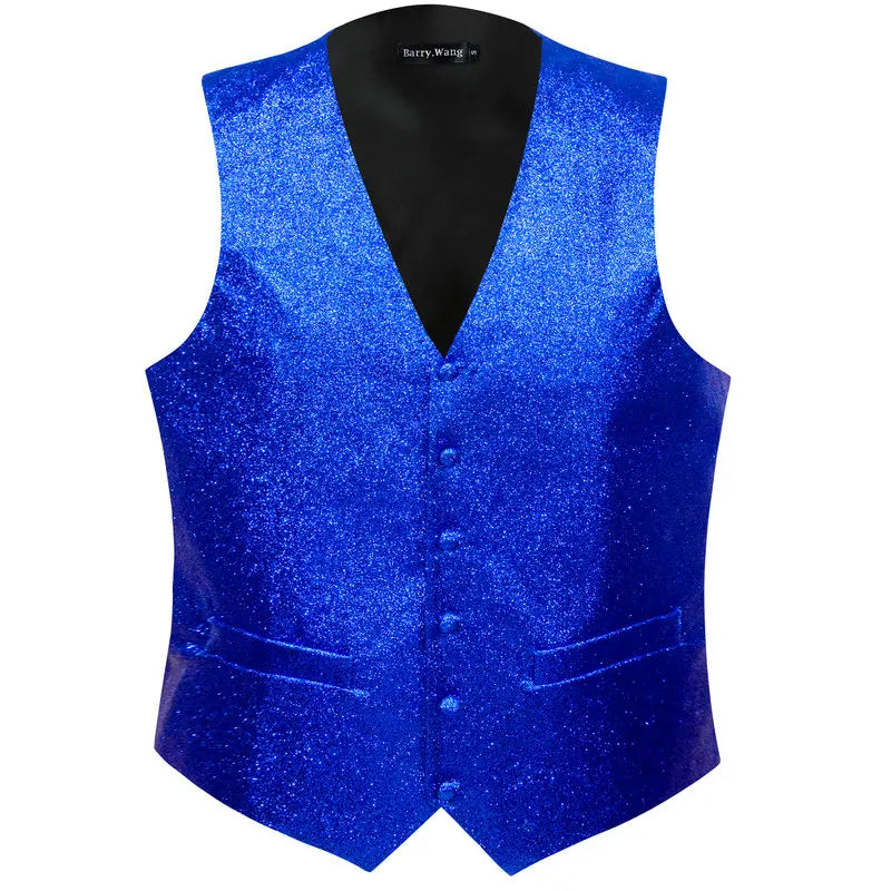 Mens Vest Gold Silver Black Red Pink Blue Green Yellow Solid Solid V-Neck Waistcoat Bowtie Set Barry Wang